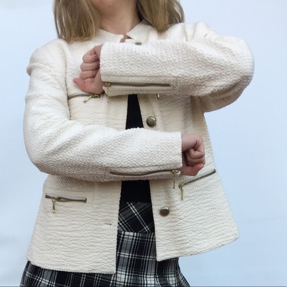Zara Creamy Beige Cotton Tweed Blazer Metal Zippers Buttons Long Sleeve US M-L - Picture 4 of 13
